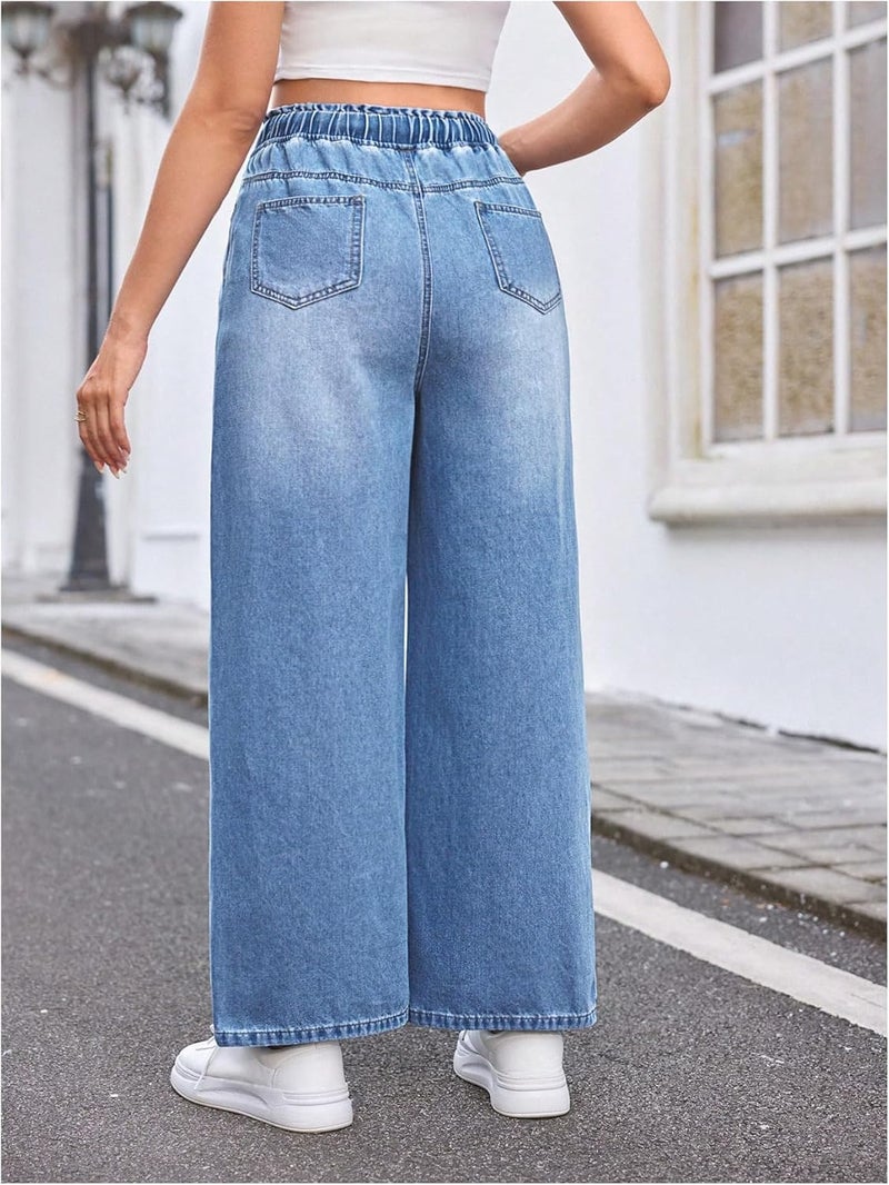 MakeMeChic Women's Maternity Denim Pants Elastic Waist Drawstring Wide Leg Baggy Pregnancy Jeans with Pockets - Image 1